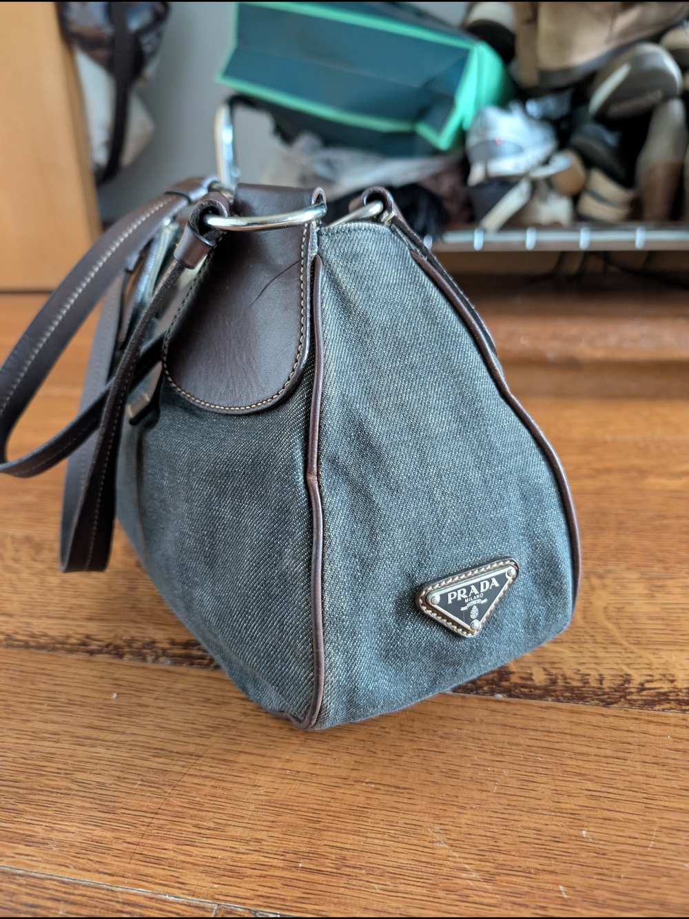 Prada Hobo Shoulder Bag with Brown Leather And Demin (Rare)